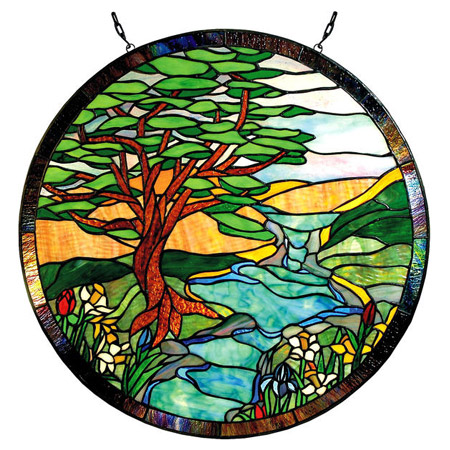 Paul Sahlin Tiffany 1305R Landscape Round Stained Glass Window Panel