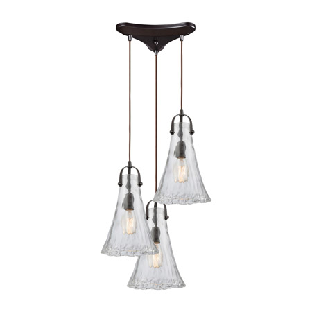 Elk Lighting 10555/3 3-Light Triangular Pendant Fixture in Oiled Bronze with Clear Hand-formed Glass