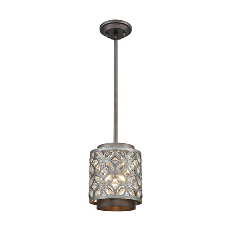 Elk Lighting 12162/1 1-Light Mini Pendant in Weathered Zinc and Matte Silver with Crystal and Metalwork Shade