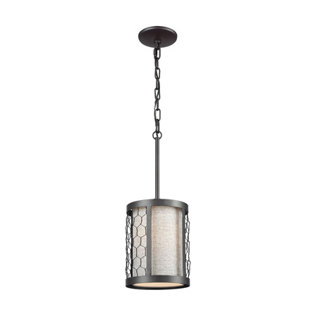 Elk Lighting 15241/1 1-Light Mini Pendant in Oiled Bronze with Wire Mesh and Gray Linen Fabric Shade