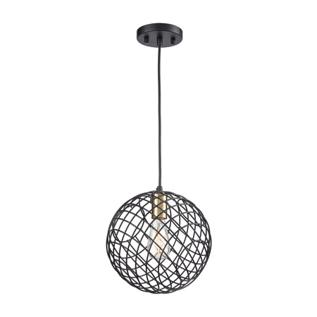 Elk Lighting 15293/1 1-Light Mini Pendant in Matte Black and Satin Brass with Wire Cage