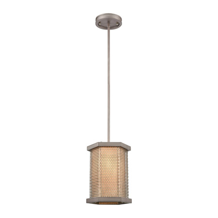 Elk Lighting 15664/1 1-Light Mini Pendant in Weathered Zinc and Polished Nickel Mesh with Beige Fabric Shade