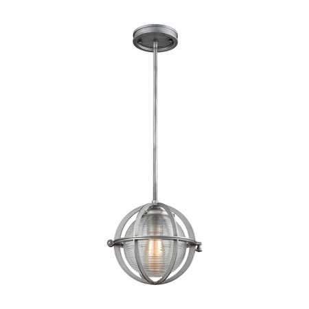 Elk Lighting 16172/1 1-Light Mini Pendant in Weathered Zinc with Clear Ribbed Blown Glass