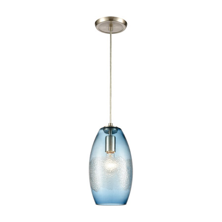 Elk Lighting 30210/1 1-Light Mini Pendant in Satin Nickel with Aqua Blue and Lightly Textured Glass