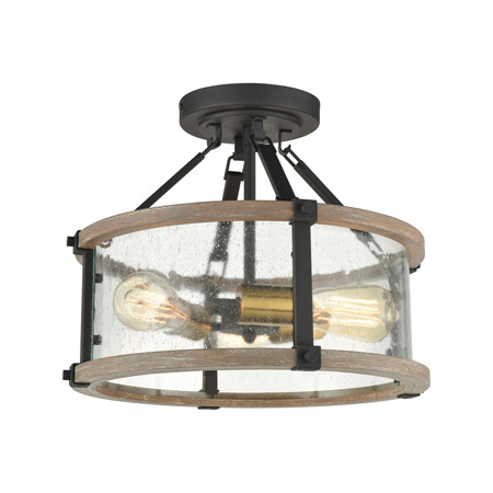 Elk Lighting 47286/3 3-Light Semi Flush in Charcoal and Beechwood with Seedy Glass Enclosure