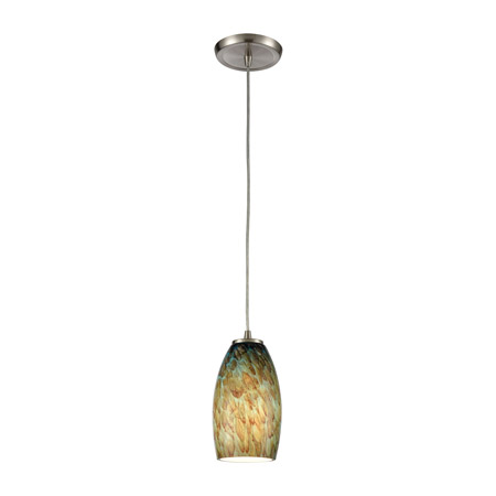 Elk Lighting 60217/1 1-Light Mini Pendant in Satin Nickel with Feathered Aqua Green and Beige Glass