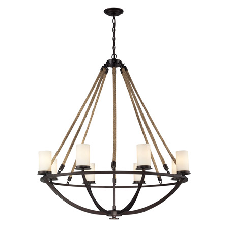 Elk Lighting 63043-8 Natural Rope 8 Light Chandelier In Aged Bronze And White Glass
