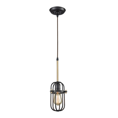 Elk Lighting 65216/1 1-Light Mini Pendant in Bronze and Satin Brass with Metal Cage