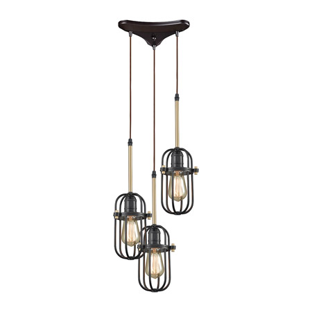 Elk Lighting 65216/3 3-Light Triangular Pendant Fixture in Bronze and Satin Brass with Metal Cage