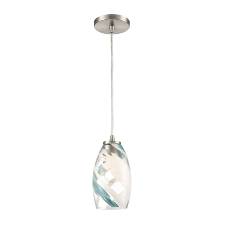 Elk Lighting 85211/1 1-Light Mini Pendant in Satin Nickel with Clear Glass with Aqua Blue and White Swirls