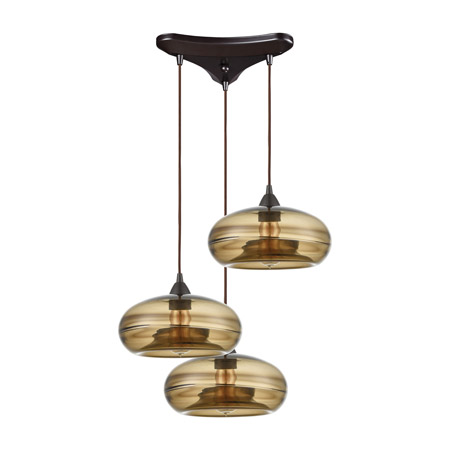 Elk Lighting 85212/3 3-Light Triangular Mini Pendant Fixture in Oil Rubbed Bronze with Earth Brown Fused Glass