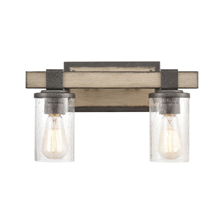 Elk Lighting 89141/2 2-Light Vanity Light in Anvil Iron and Distressed Antique Graywood with Seedy Glass