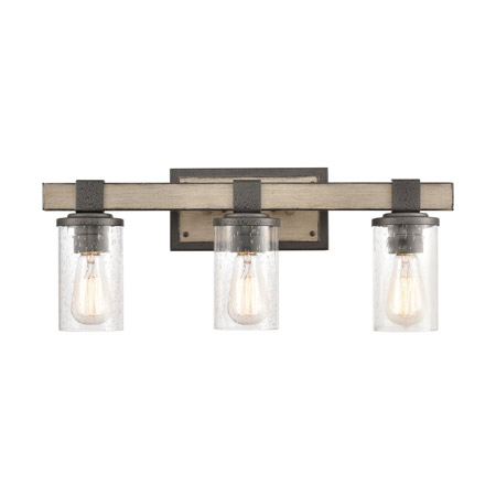 Elk Lighting 89142/3 3-Light Vanity Light in Anvil Iron and Distressed Antique Graywood with Seedy Glass