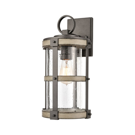Elk Lighting 89145/1 1-Light Outdoor Sconce in Anvil Iron and Distressed Antique Graywood with Seedy Glass