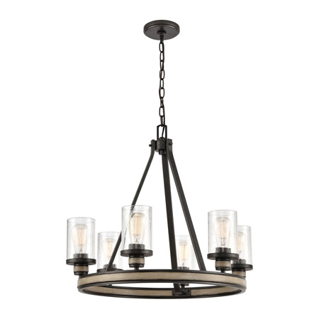 Elk Lighting 89159/6 6-Light Chandelier in Anvil Iron and Distressed Antique Graywood with Seedy Glass