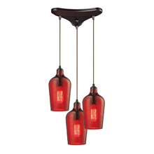 Elk Lighting 10331/3HRD Hammered Glass 3 Light Pendant In Oil Rubbed Bronze And Red Glass