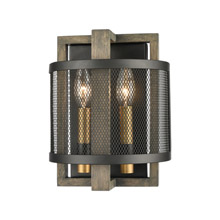 Elk Lighting 16541/2 2-Light Sconce in Weathered Oak and Aged Brass with Matte Black Metal Mesh