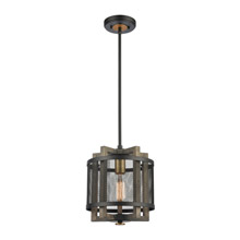Elk Lighting 16546/1 1-Light Mini Pendant in Weathered Oak and Aged Brass with Matte Black Metal Mesh