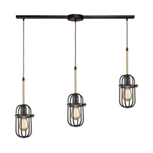 Elk Lighting 65216/3L 3-Light Linear Mini Pendant Fixture in Bronze and Satin Brass with Metal Cage