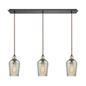 Hammered Glass 3-Light Linear Mini Pendant Fixture in Oiled Bronze with Hammered Mercury Glass - Elk Lighting 10830/3LP