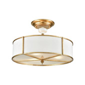 Ceramique 3-Light Semi Flush in Antique Gold Leaf with White Fabric Shade and Frosted Diffuser - Elk Lighting 33052/3