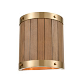 Wooden Barrel 2-Light Sconce in Satin Brass with Slatted Wood Shade in Medium Oak - Elk Lighting 33370/2