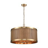 Wooden Barrel 6-Light Chandelier in Satin Brass with Slatted Wood Shade in Medium Oak - Elk Lighting 33376/6