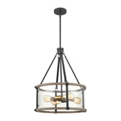 Geringer 4-Light Pendant in Charcoal and Beechwood with Seedy Glass Enclosure - Elk Lighting 47288/4