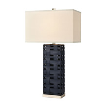 ELK Home D4522 Strapped Down Table Lamp in Polished Nickel and Navy Blue with a White Linen Shade